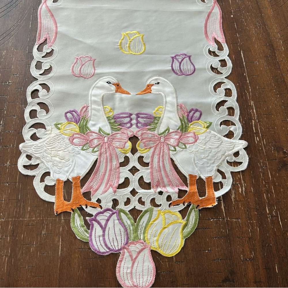 Embroidered Goose Table Runner with Floral Design